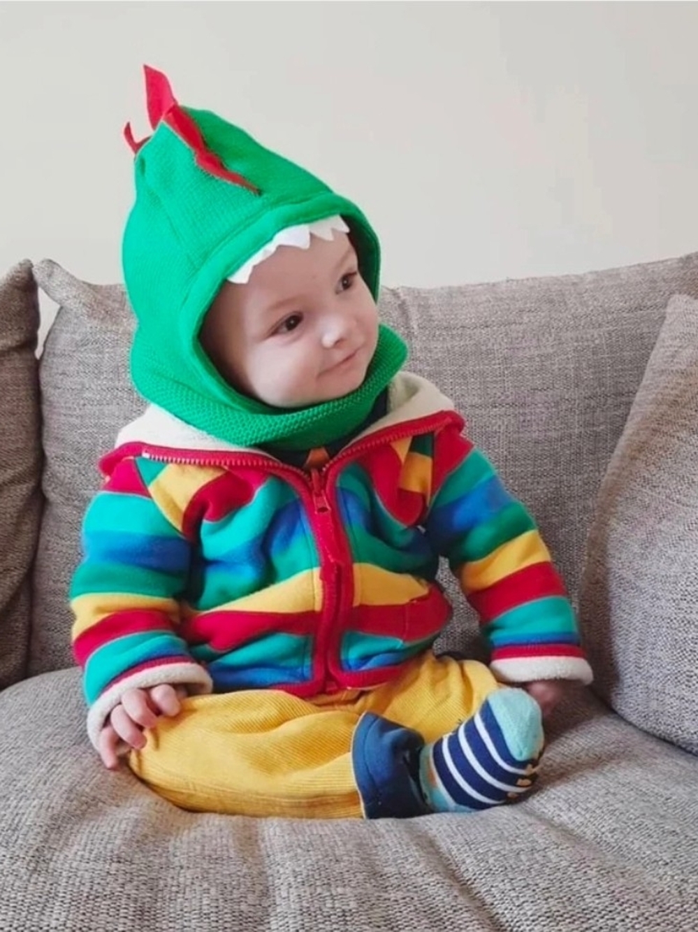 Zoocchini Devin The Dinosaur Green Knit Hat Balaclava Toddler Winter Hood 12-24M